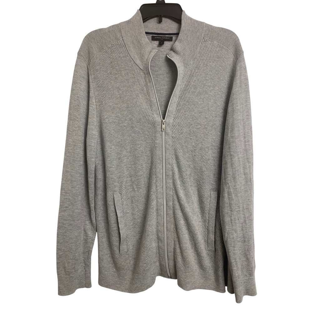Banana Republic Gray Full Zip Knit Cardigan Minimalist Sweater Large Mock Neck